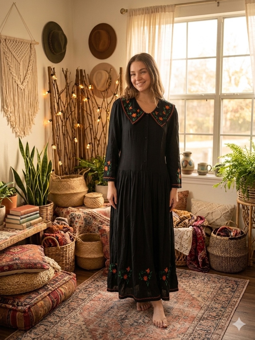 Passport Black Dress with Orange and Green Floral Embroidery